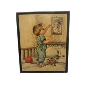 Vintage Made in Italy Boy in Crib looking at Mother Mary Baby Jesus Wall Art #5